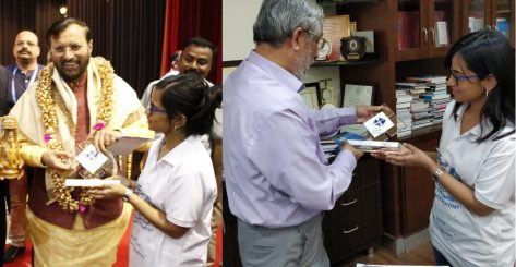 A collage of MageQuill member Swara Shukla presenting company tokens in India