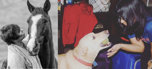 A collage of Sarah Hess with her horse (left) and Swara Shukla with her dog (right)